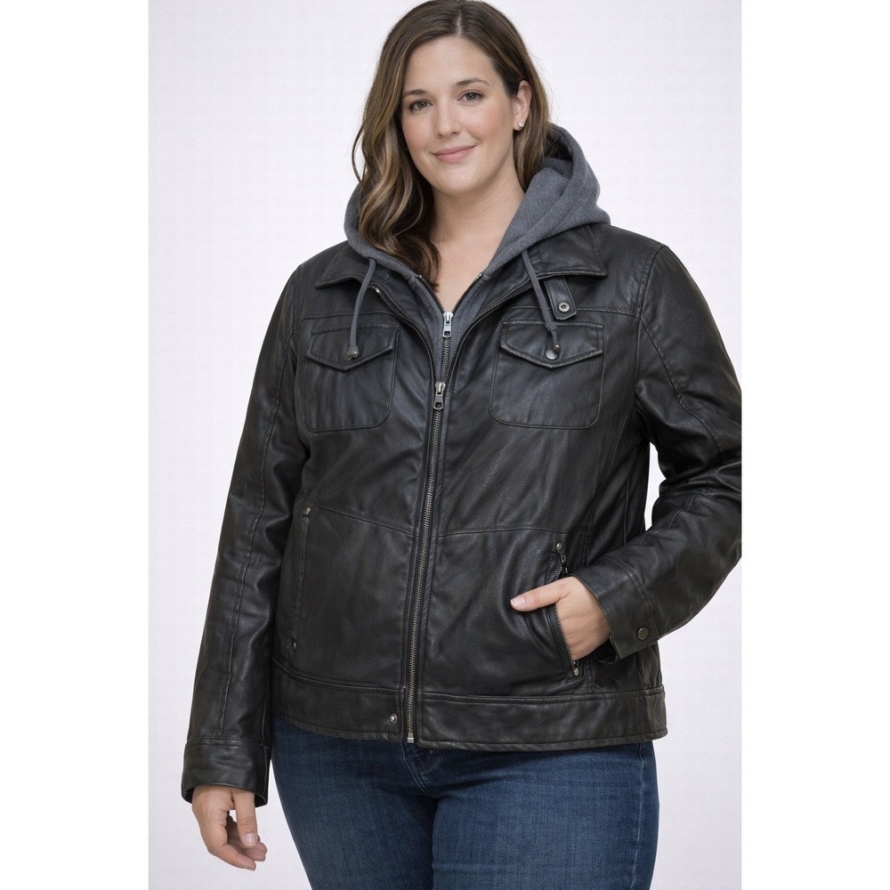 Bc‎ Ethic Black Faux Leather Hooded Jacket Women's Size L